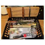 Basket of kitchen knives and vintage wall mount knife rack