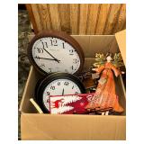 Box of clocks and holiday decor