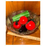 Hand blown murano style fruit and vegetables in pressed cut bowl