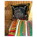 Vintage crochet lap quilt, tapestry and Nashville souvenir pillow