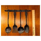 Cast iron hanging utensil set with wall rack