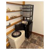 Vintage hamper, metal file cabinet and storage cart