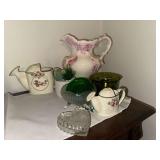 Ceramic pitcher, water cans, glassware