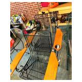 Set of Two Black Metal Mesh Patio Chairs with Wooden Armrests and Green Striped Cushions