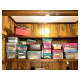 Storage containers of crafting supplies in laundry room