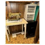Vintage Necchi sewing machine, table, file cabinet, storage cart and contents