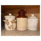 Mccoy pottery milk can style canister, strawberry tureen and basket weave canister that has been repaired