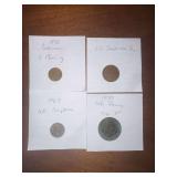 Foreign Currency World Coin Lot of Four: 1978 German 5 Pfennig, Japanese 10 Yen, 1963 UK Sixpence, and 1939 UK Penny