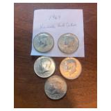 Lot of Five 1969 Kennedy Half Dollar Coins