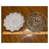 2 deviled egg plates milk glass and clear