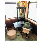 Plant stands, ottoman, tables, potted cactus and plant