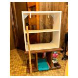 White shelf and wooden table