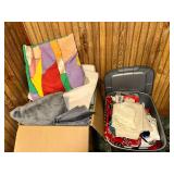 2 boxes pillows, fabrics, linens