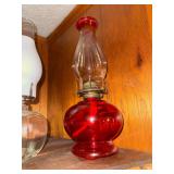 Ruby red oil lamp with matching chimney