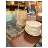 Dishes, candle lantern and divided platter