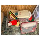Boxes with Christmas decor and other household items