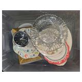 Big Ben alarm clock and assortment of platters and dishes