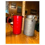 Enamel ware red pitcher and galvanized can