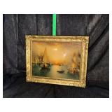 Antique “traders in the harbor or Venice” litho print in convex frame