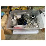 Clear Plastic Storage Tote with Assorted Glassware and Camera