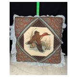 Vintage handmade decorative throw pillow with flying wild duck