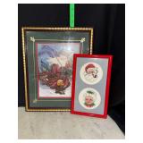 Vintage Santa and Mrs Clause cross stitch and framed Santa print