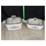 2 corningware blue flower baking dishes with lids