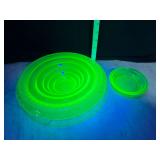 Green uranium depressing glass bowl with rolled edge and stand