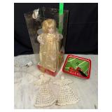 Lighted bagel tree topper, starched crochet angels and Christmas spread server
