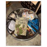 Large stainless steel dishpan bowl with misc household and decor