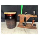 Amber glass humidor and wooden tobacco pipe stand