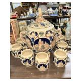 German Stoneware Punch Bowl Set with Lid and Ten Cups, Castle and Grape Motif
