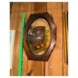 Vintage MCM 3D pinecone owl shadow box art in convex bubble glass frame