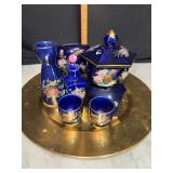 Vintage Japan cobalt peacock pagoda ginger jar and other vases and saki cups
