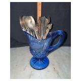 Fostoria cobalt Mt Vernon creamer with vintage spoons and other flatware