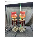 Pair of ruby flash boudoir lamps with prisms