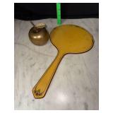 Art deco celluloid vanity mirror and brass apple bell
