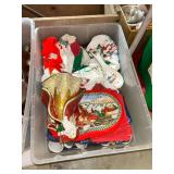 Plastic Storage Bin with Holiday Decor, Textiles, and Kitchenware