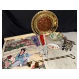 Chinese gongbi style hanging scroll, fans, candle snuffers, animal figures and embossed brass plate