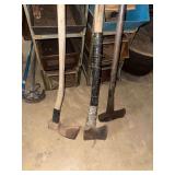 Assorted Hand Tools Including Axes and Mattock