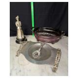 Hammered aluminum serving tray, pewter Albee award, metal planter and spoon picture frame