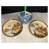 2 hand painted mt Fuji bread and butter plates and small Omari style bowl