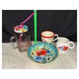 Group of pioneer woman dishes- mugs, creamer and bowl