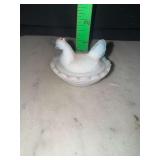 Miniature milk glass hen on nest salt cellar