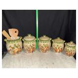 La Toscana fruit and flowers kitchen canisters and utensil holder with wooden spatulas