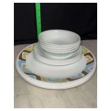 Corelle retro squares dinner plates and white bowls and saucers 16pcs total