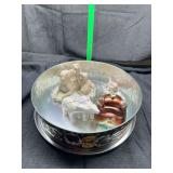 Assorted Ceramic and Glass Dog Figurines and Ornaments in Decorative Tin