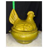 California pottery green hen on nest tureen
