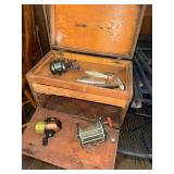 Wooden tackle box and reels