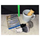 Vintage men’s shaving items- mug, brushes, razors